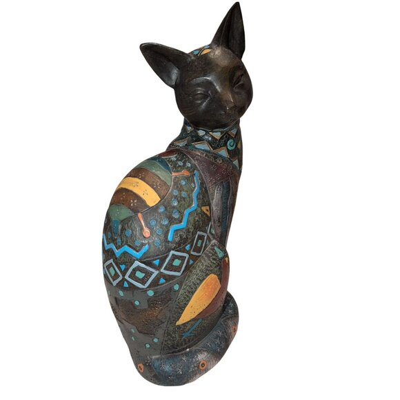 Hand-Painted Egyptian Bastet Cat Figurine with Patterns Scarab Designs - Picture 1 of 12